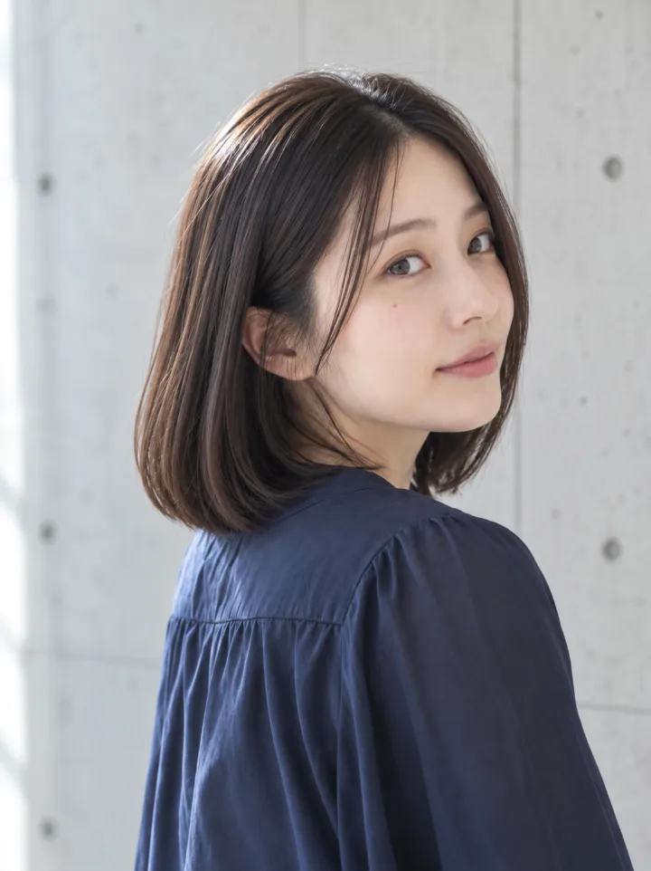 毛先だけ軽く内に入るストレートロブのスタイルイメージ