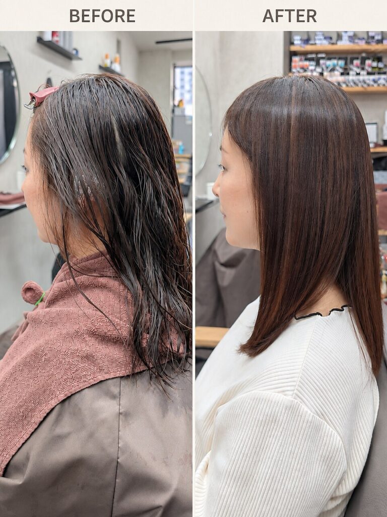 さらっとまとまる、自然な艶のストレートミディ